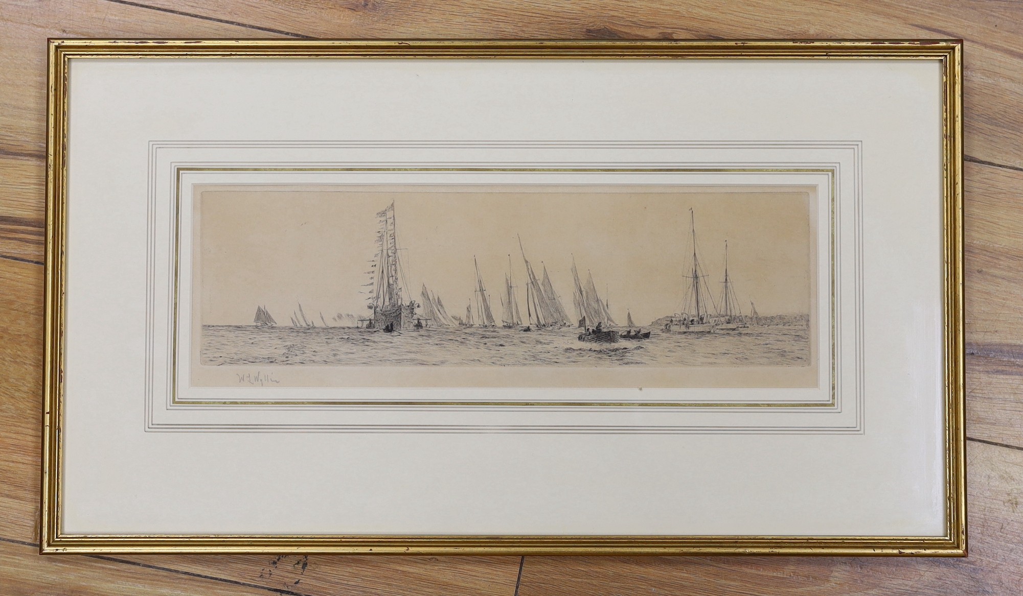 William Lionel Wyllie (1851-1931), drypoint etching, 'Cowes Week, The Royal Yacht dressed all over', signed in pencil, 12 x 36cm